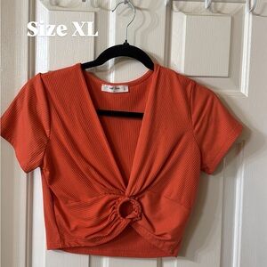 Ribbed Orange Knot-Front Crop Top - Women